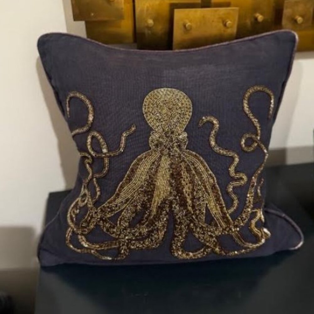 Vintage Jonathan Adler Gold Beaded Octopus Pillow